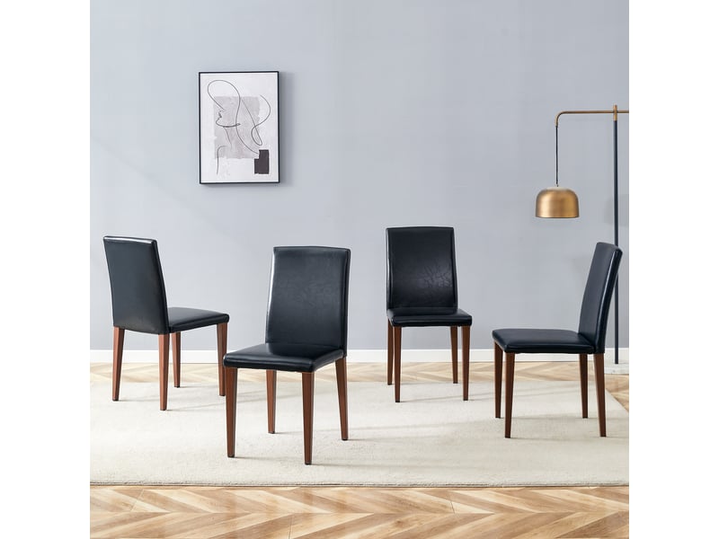  Lot de 4 chaises de salle à manger en cuir synthétique noir pieds métal effet noyer  - Conforama C