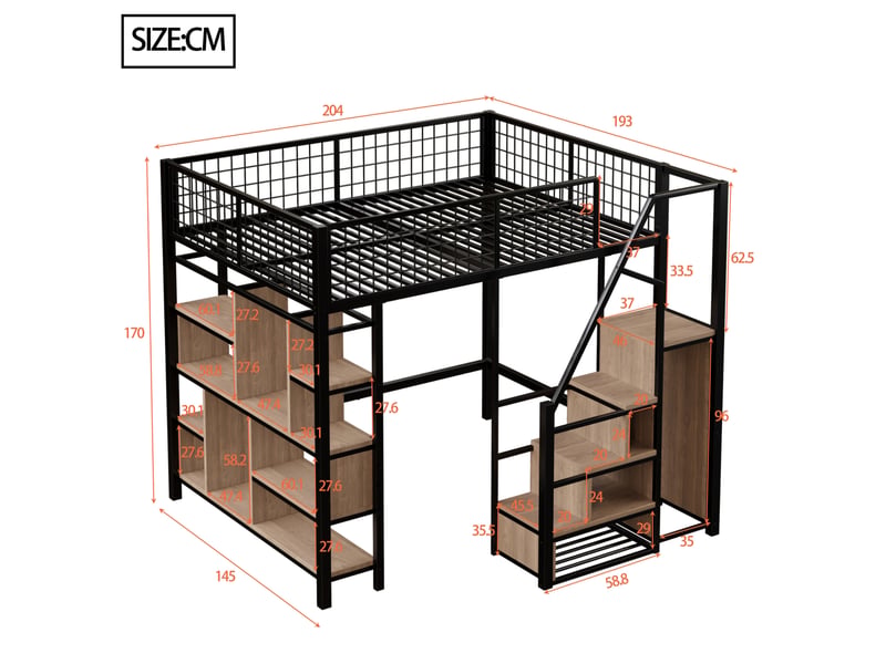  Lit mezzanine 140x200 cm avec rangement et escalier, métal noir  - Conforama C