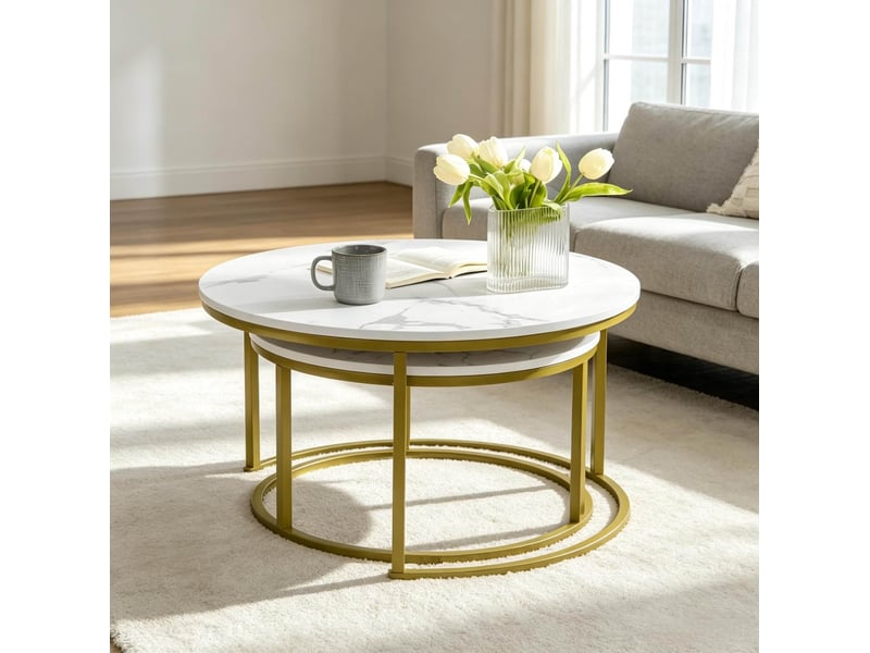  Lot de 2 tables basses rondes gigognes, effet marbre blanc et structure dorée  - Conforama D