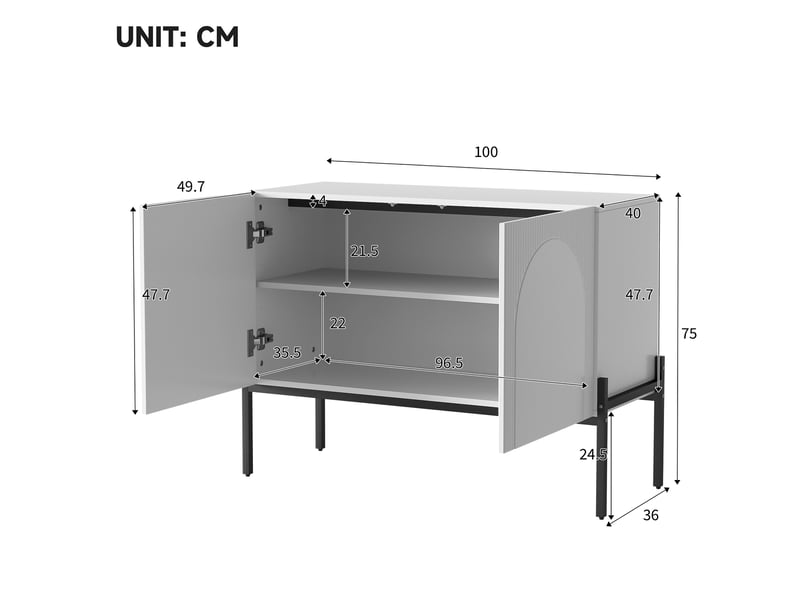 Buffet 2 portes avec rangement, pieds en métal, lignes arquées et rainures pour salon, blanc, 100 × 40 × 75 cm - Conforama E