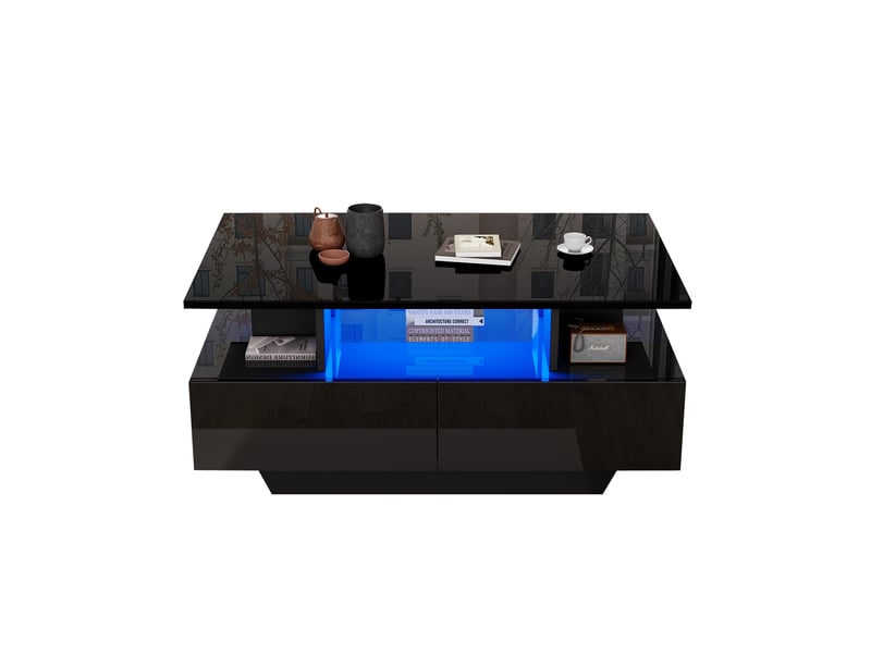  Table basse moderne laquée brillante avec éclairage led et 2 tiroirs – élégante table d'appoint de 90 x 55 x 41 cm avec espace de rangement, supportant jusqu'à 30 kg  - Conforama A