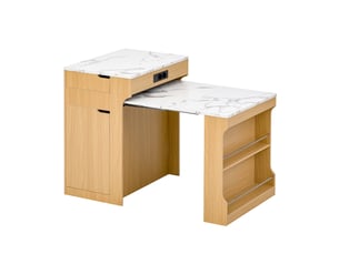 Ilot central de cuisine - 80x55x153cm - desserte extensible avec table, prises, étagères et roulettes - bois naturel