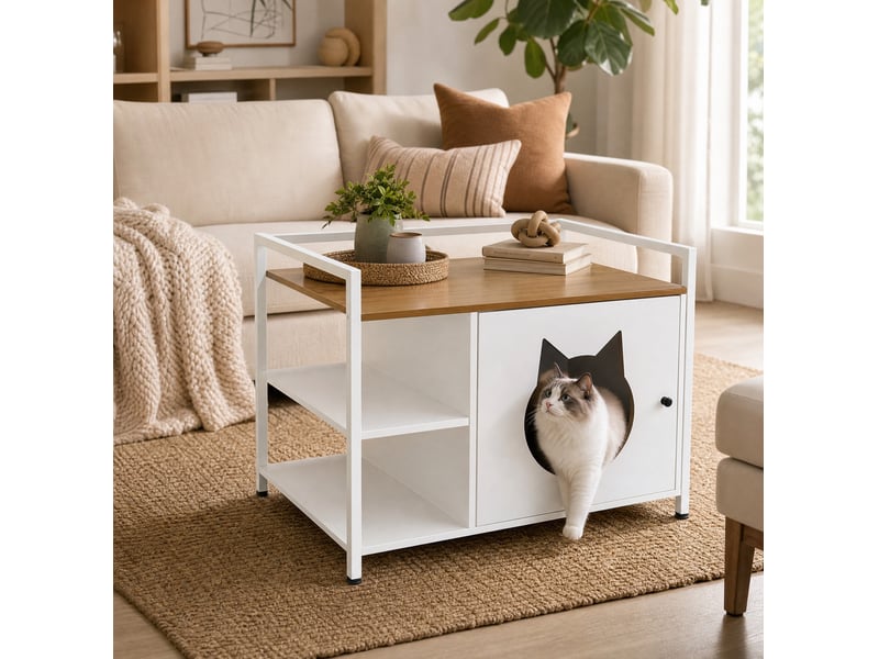  Table basse 76x54x59 cm avec rangement en mdf et métal couleur blanc et chêne clair, confort optimal  - Conforama D