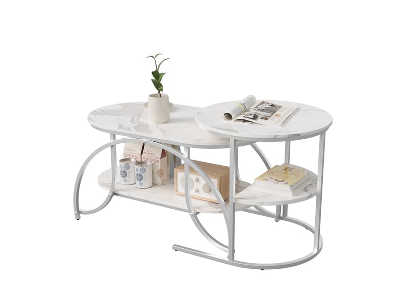  Table basse gigogne 8052cm blanc et argent - design moderne avec plateau effet marbre et double étagère de rangement  - Conforama A