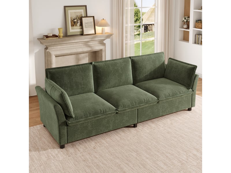 Canapé 3 places en chenille vert, divan moderne avec accoudoirs incurvés, canapé modulable très confortable pour salon et appartement - Conforama B