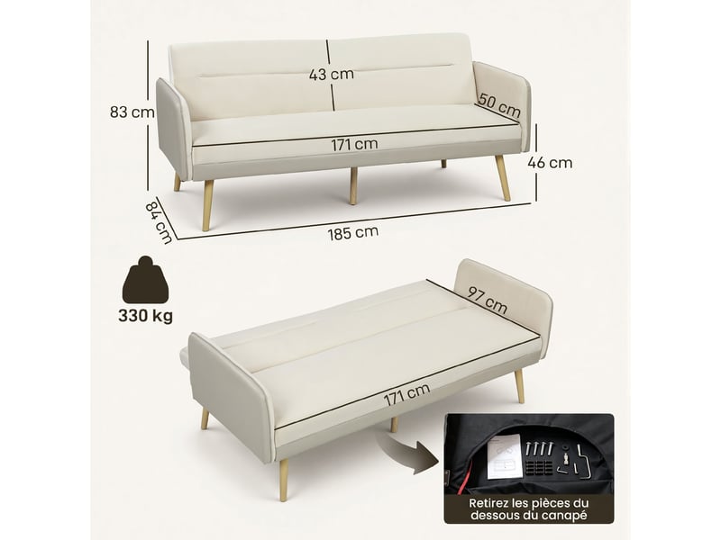 Canapé convertible 3 places 3 en 1, canapé-lit clic-clac, dossier réglable, assise rembourrée, beige, 185 x 84 x 83 cm - Conforama C