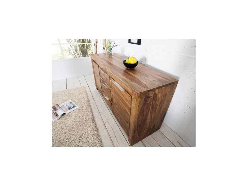 Buffet tavina 135 cm en sheesham massif verni – 2 portes, 3 tiroirs et 4 niches intérieures - Conforama D