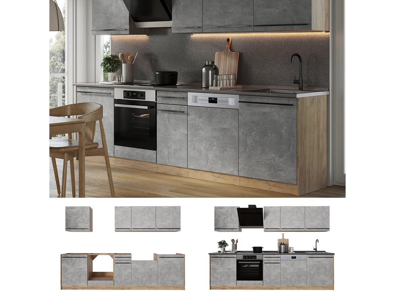  Vicco cuisine, bétonchêne doré, 280cm plan de travail chêne doré  - Conforama D