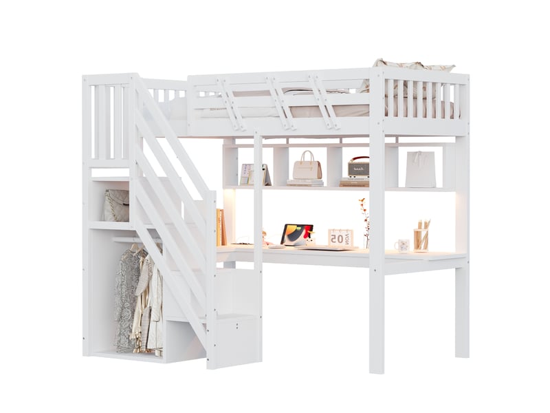 Lit mezzanine 90x200 cm avec bureau, rangements et éclairage led en bois blanc  - Conforama A