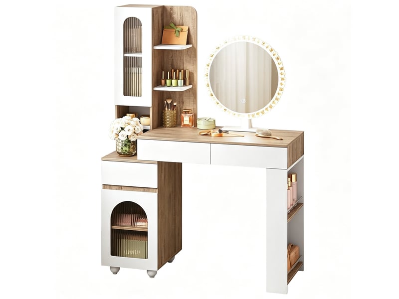  Coiffeuse avec miroir led - miroir rond mobile - chêne clair et blanc - coiffeuse polyvalent  - Conforama A