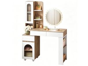 Coiffeuse avec miroir led - miroir rond mobile - chêne clair et blanc - coiffeuse polyvalent