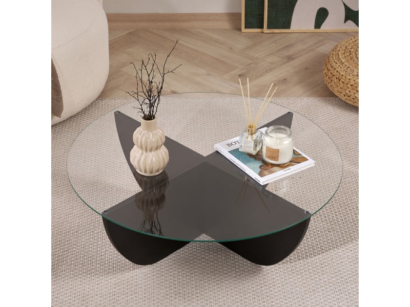  Table basse en verre piètement couleur bois noir d90 cm  - Conforama D