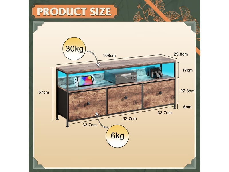  Meuble tv avec led,armoire tv de salon avec 3 tiroirs, tiroirs en tissu et structure en métal,108 x 29.8 x 57 cm,marron  - Conforama C