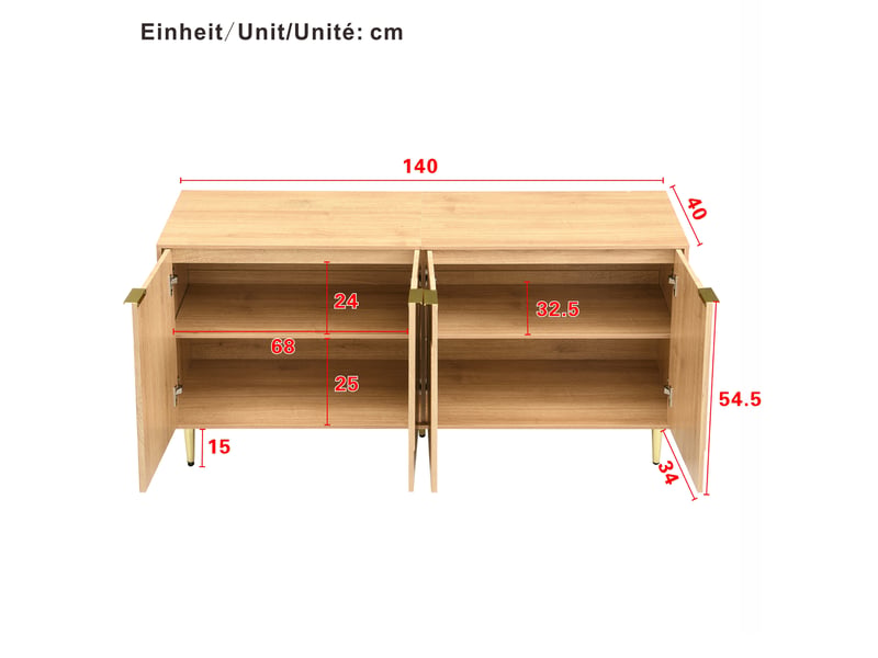 Buffet 4 portes à étagères réglables sur pieds en métal pour salon en mdf 140×40×72 cm naturel - Conforama E