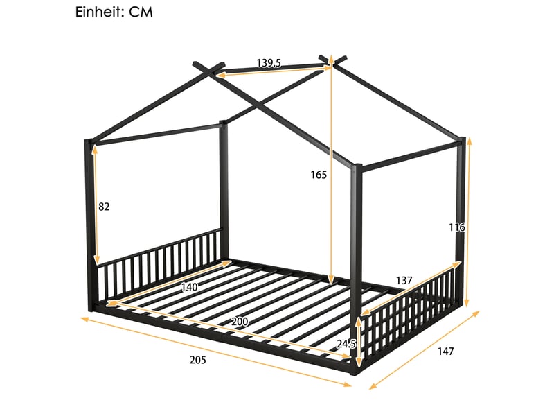  Lit enfant 140x200 cm en métal noir avec structure en forme de maison  - Conforama C