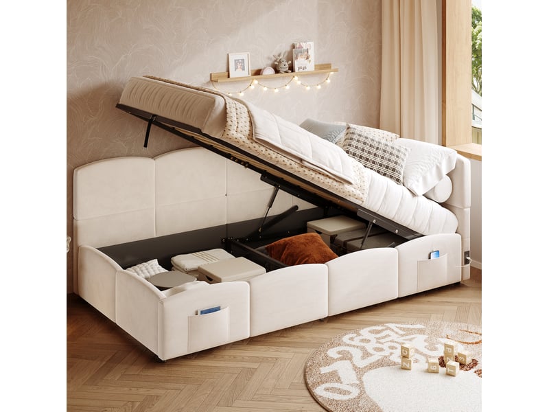  Modenvie lit banquette coffre 90x200 cm - rangement hydraulique, usb-a et usb-c, sans matelas - beige  - Conforama B
