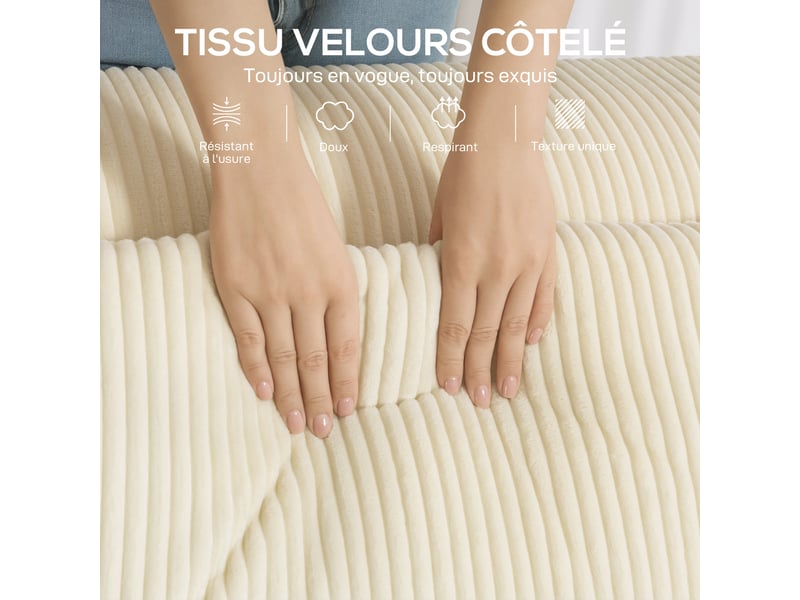  Canapé 3 places en velours côtelé, canapé rembourré, larges accoudoirs, 2 coussins, pas de montage, 202x90x76cm, beige  - Conforama R