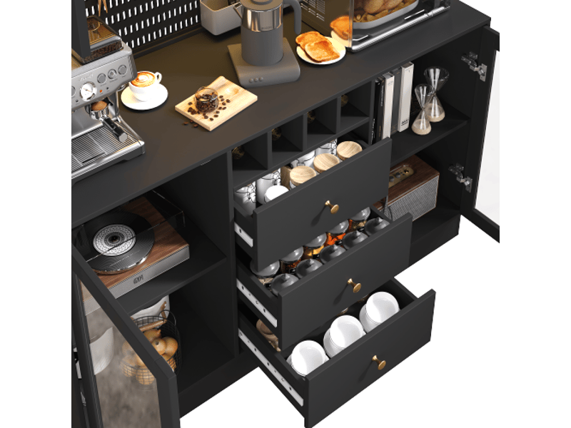 Meuble haut noir moderne avec led intelligent – placard cuisine et salon, armoire porte-bouteilles, étagères réglables  - Conforama E