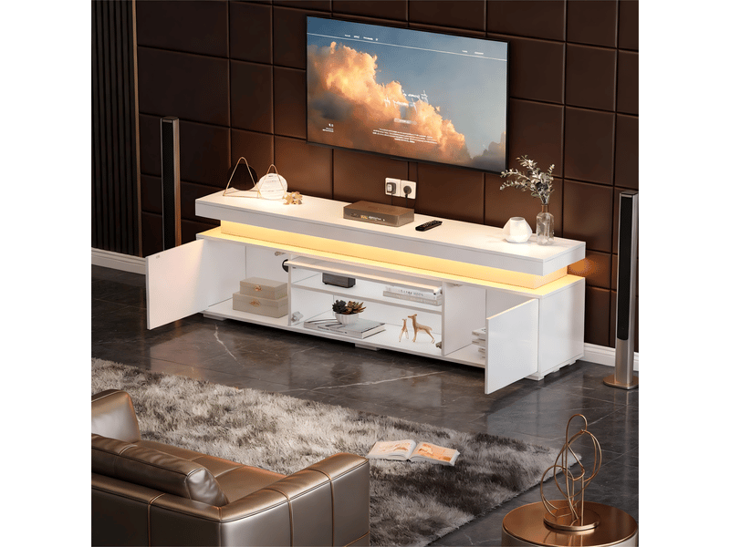  Meuble tv de salon 150x35x43 cm sur pied, meuble bas avec bandeau lumineux led, meuble tele de rangement à 3 portes  - Conforama R
