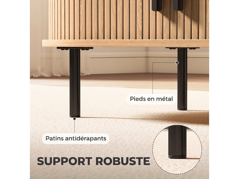  Table basse ovale en bois, table de salon moderne avec portes coulissantes et rangement caché, bois naturel, 100x55x40cm  - Conforama W
