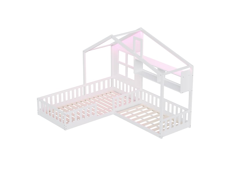 Lit enfant cabane avec fenêtre, bois blanc, 90 x 200 cm, étagères, led et garde-corps - Conforama E