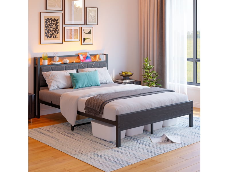  Lit enfant 140x200 cm, prise, usb, avec éclairage led, tête de lit avec rangement, structure métal mdf noir sans matelas  - Conforama D