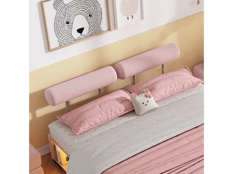 Lit enfant rose 140x200 cm avec led latérale et étagère - rangement ouvert, tête modulable 3 côtés, basse hauteur - Conforama D