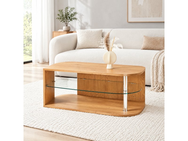  Table basse avec tablette en verre, mdf, coloris bois naturel, 100 x 60 x 42 cm  - Conforama C