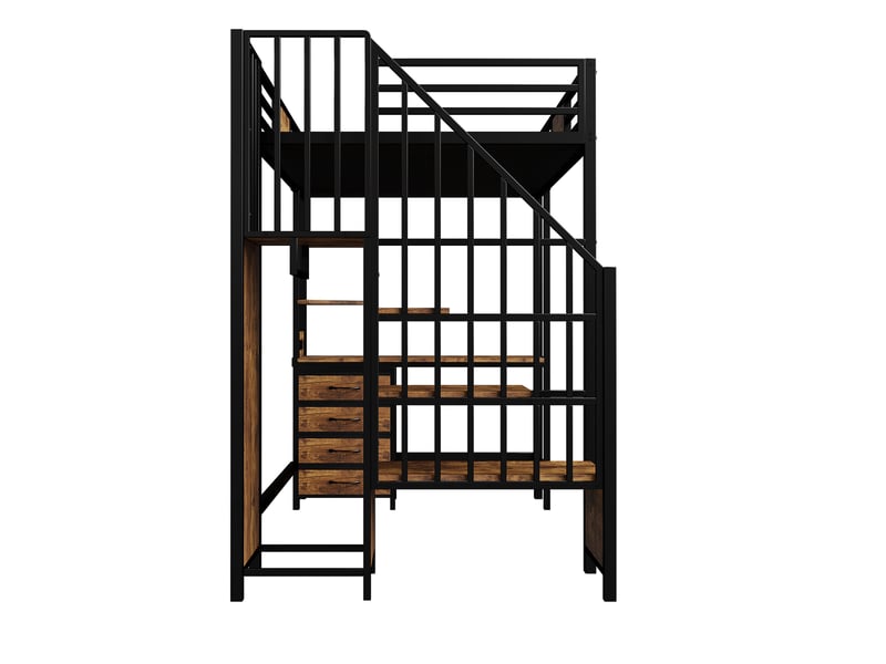 Lit mezzanine 90x200 gain de place 144 cm sous-lit bureau intégré rangements penderie prise led métal noir sans matelas - Conforama R
