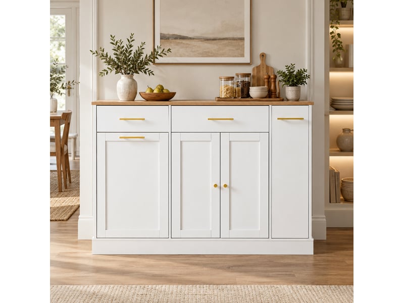 Îlot de cuisine avec plan rabattable, 3 tiroirs, blanc et naturel, 120x70x91,5 cm - Conforama W