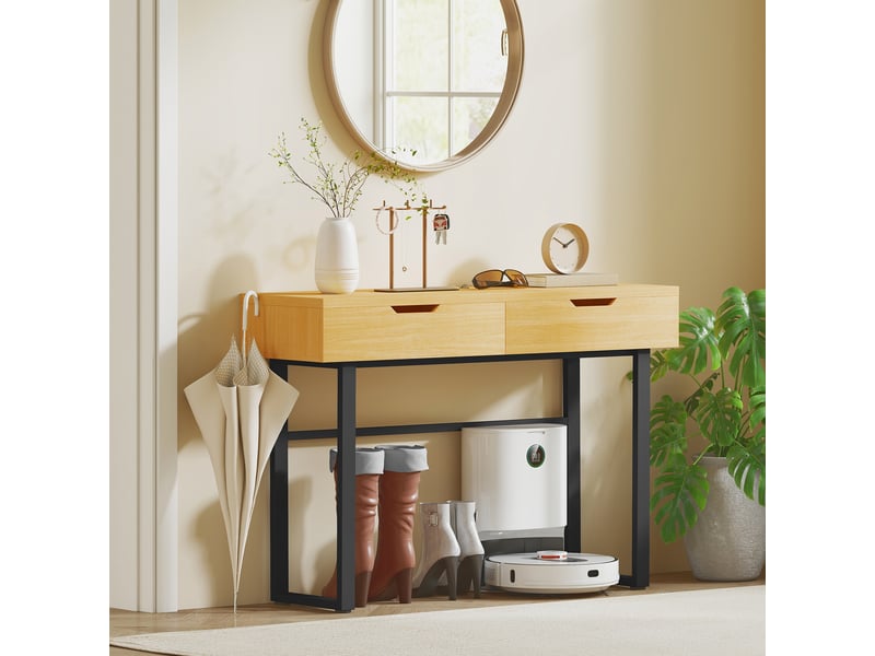  Console étroite à 2 tiroirs, structure en métal, pour entrée, 110 x 35 x 76,5 cm, finition naturelle  - Conforama D
