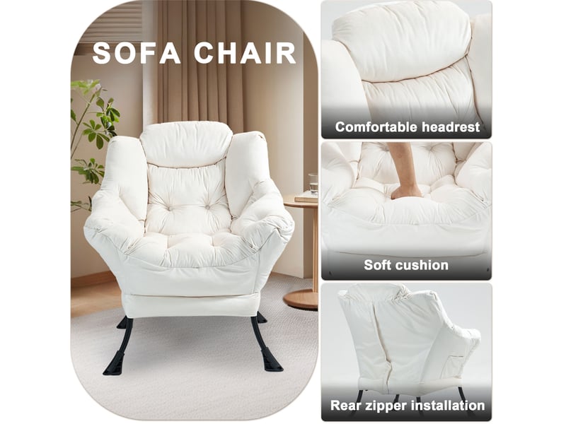  Fauteuil de détente modenvie avec poche latérale blanc cassé structure métal 75 x 80 x 85 cm  - Conforama E