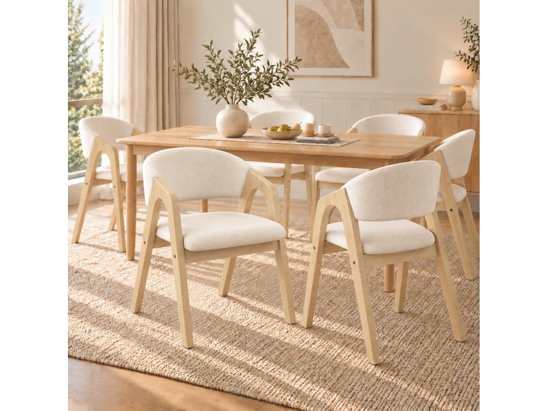  Lot de 4 chaises de salle à manger avec accoudoirs, bois et tissu en lin beige  - Conforama E