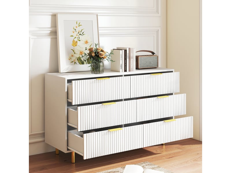 Commode 6 tiroirs, l120x p40xh72 cm, buffet design moderne pour chambre et salon, mdf avec pieds en métal, blanc et or  - Conforama C