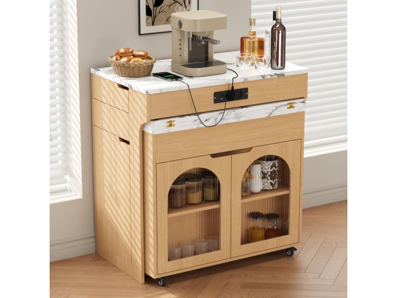  Îlot de cuisine avec table extensible et multiprise – verre strié, bahut à 2 tiroirs – îlotbarmeuble naturel  - Conforama D