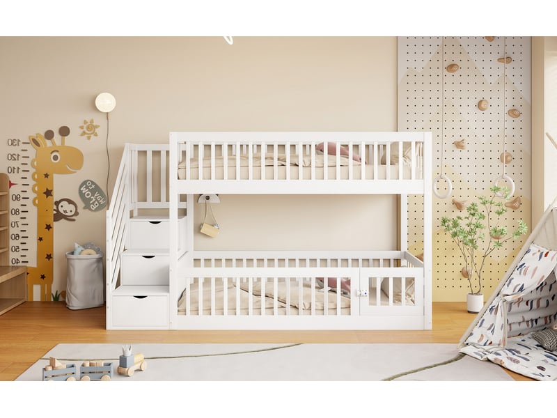  Lit mezzanine,90x200 cm,avec échelle,tiroirs,porte,bois massif,blanc  - Conforama B