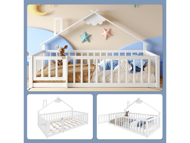  Lit plat 90x190 cm, lit enfant, barrière maison, garde-corps avec serrure, pin, blanc  - Conforama D