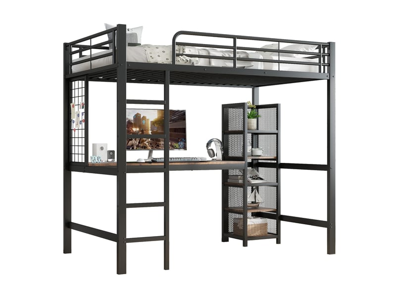  Lit mezzanine 90x200 cm avec bureau et rangements intégrés-échelle et garde-corps en métal-structure mdf et métal-noir  - Conforama A