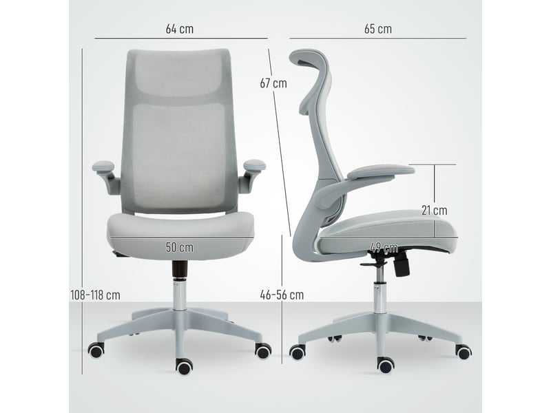  Chaise de bureau ergonomique avec accoudoirs réglables, dossier et appui-tête en maille, grise  - Conforama E
