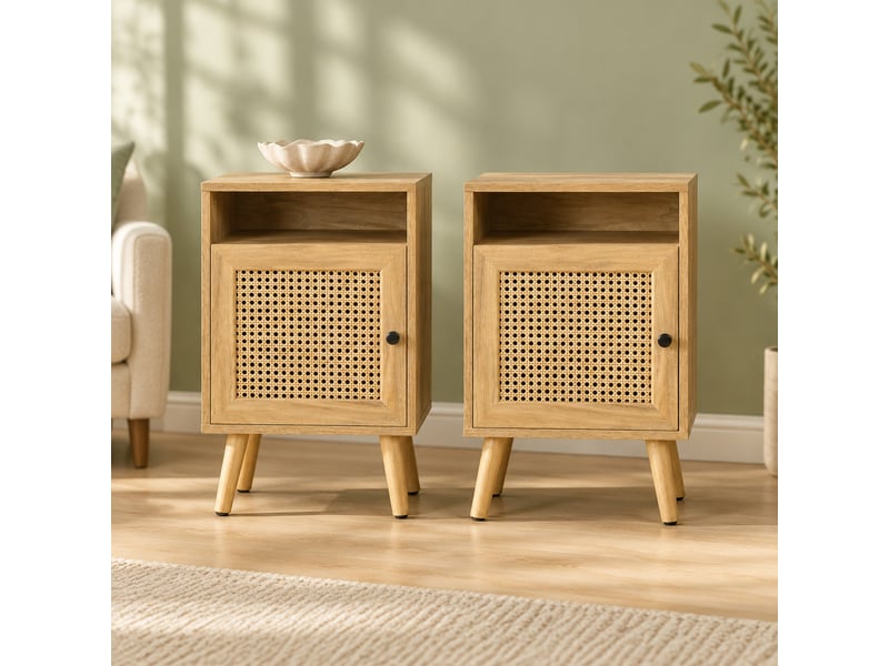 Lot de 2 tables de chevet avec niche et porte en rotin, coloris naturel - Conforama D