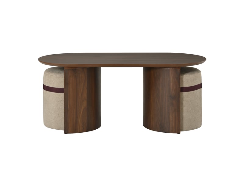 Ensemble table basse avec 2 tabourets, table basse ovale, table de salon en mdf, table basse avec tabourets, tabourets rembourrés, table basse ronde et moderne, table d'appoint, table de salon - Conforama D