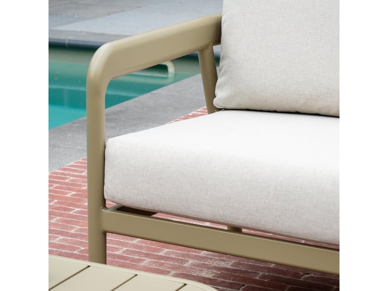 Salon de jardin bas 5p en aluminium kaki clair et tissu beige chiné lindos 601030 - Conforama E