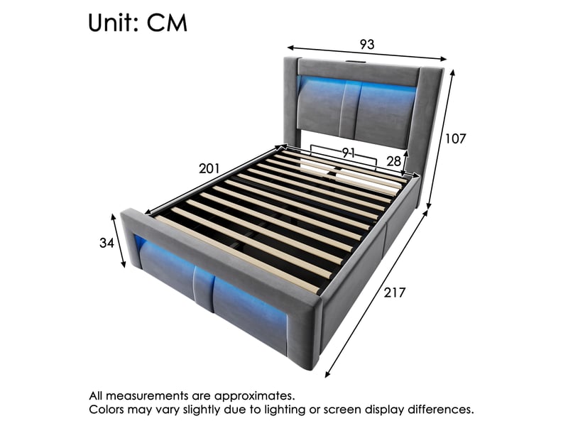  Modenvie lit coffre 90x200 cm - avec led, ports usb-c et tête de lit galbée, matelas inclus - gris  - Conforama C
