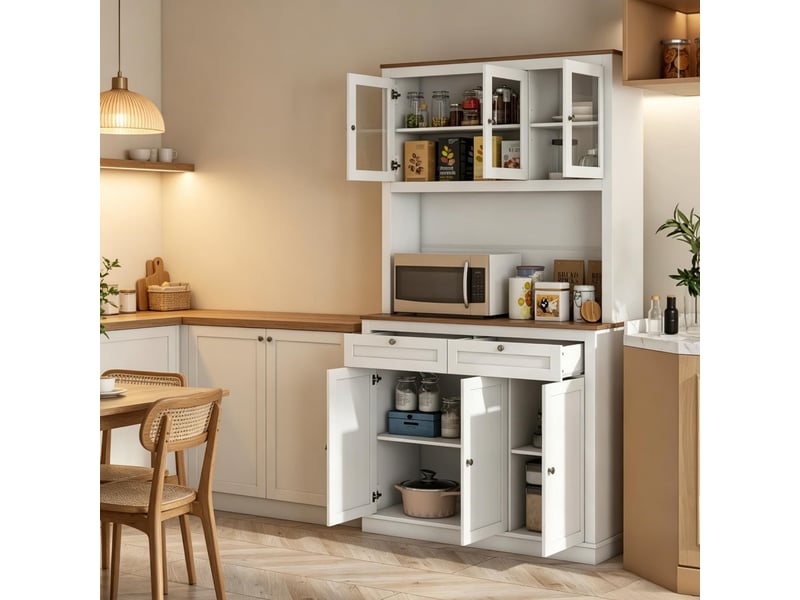  Buffet de cuisine 100x40x180 cm avec placards et 2 tiroirs, blanc et finition chêne  - Conforama B