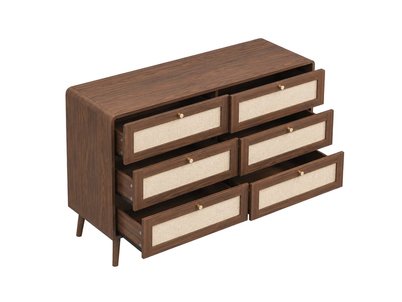  Commode 6 tiroirs 120x40x80 cm – noyer foncé – façades pe aspect rotin et angles arrondis, pieds 15 cm  - Conforama A