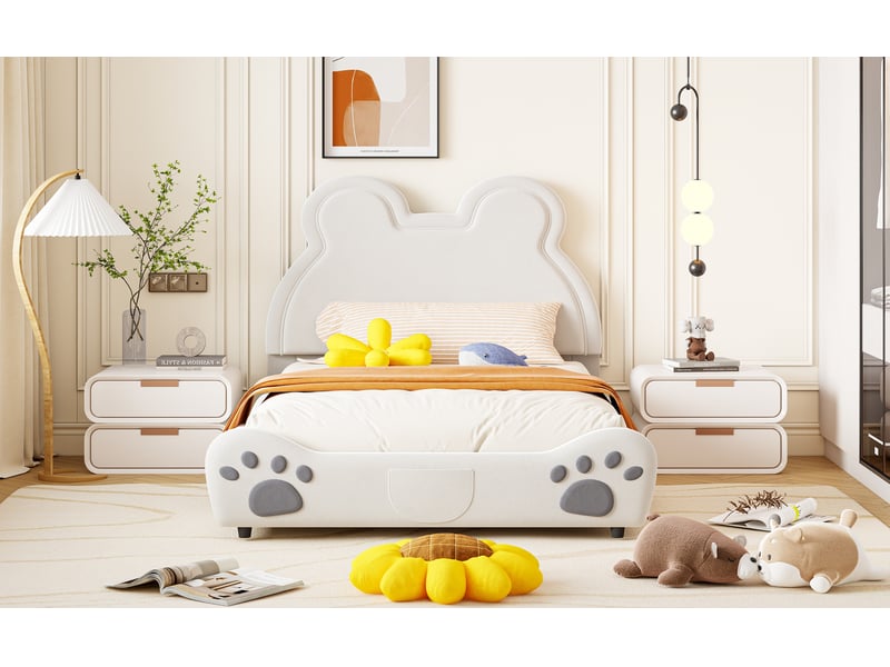  Lit enfant 140 x 200 cm en velours blanc, forme ours, sommier à 12 lattes  - Conforama D