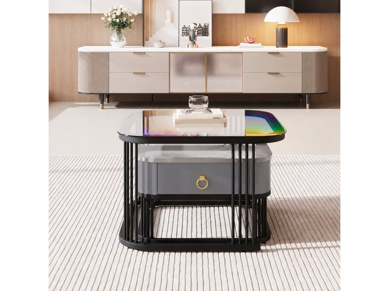  Ensemble de 2 tables basses gigognes en verre effet marbre noir et gris avec 2 tiroirs, 60 x 60 cm  - Conforama D