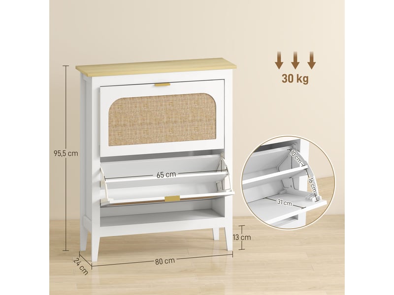 Meuble à chaussures 14 paires bohème avec 2 tiroirs rabattables, portes effet cannage rotin, blanc, 80 x 24 x 95,5 cm - Conforama C