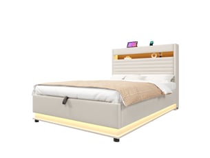 Lit coffre simple 90×200 cm led réglable, usb et type-c - sans matelas, tissu beige