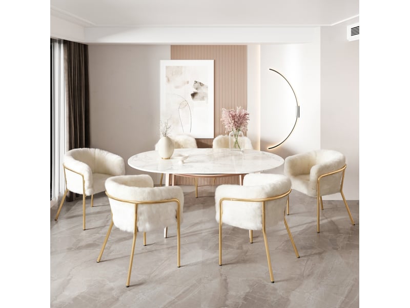  Lot de 4 chaises de salle à manger en fourrure synthétique blanche, pieds en métal  - Conforama C